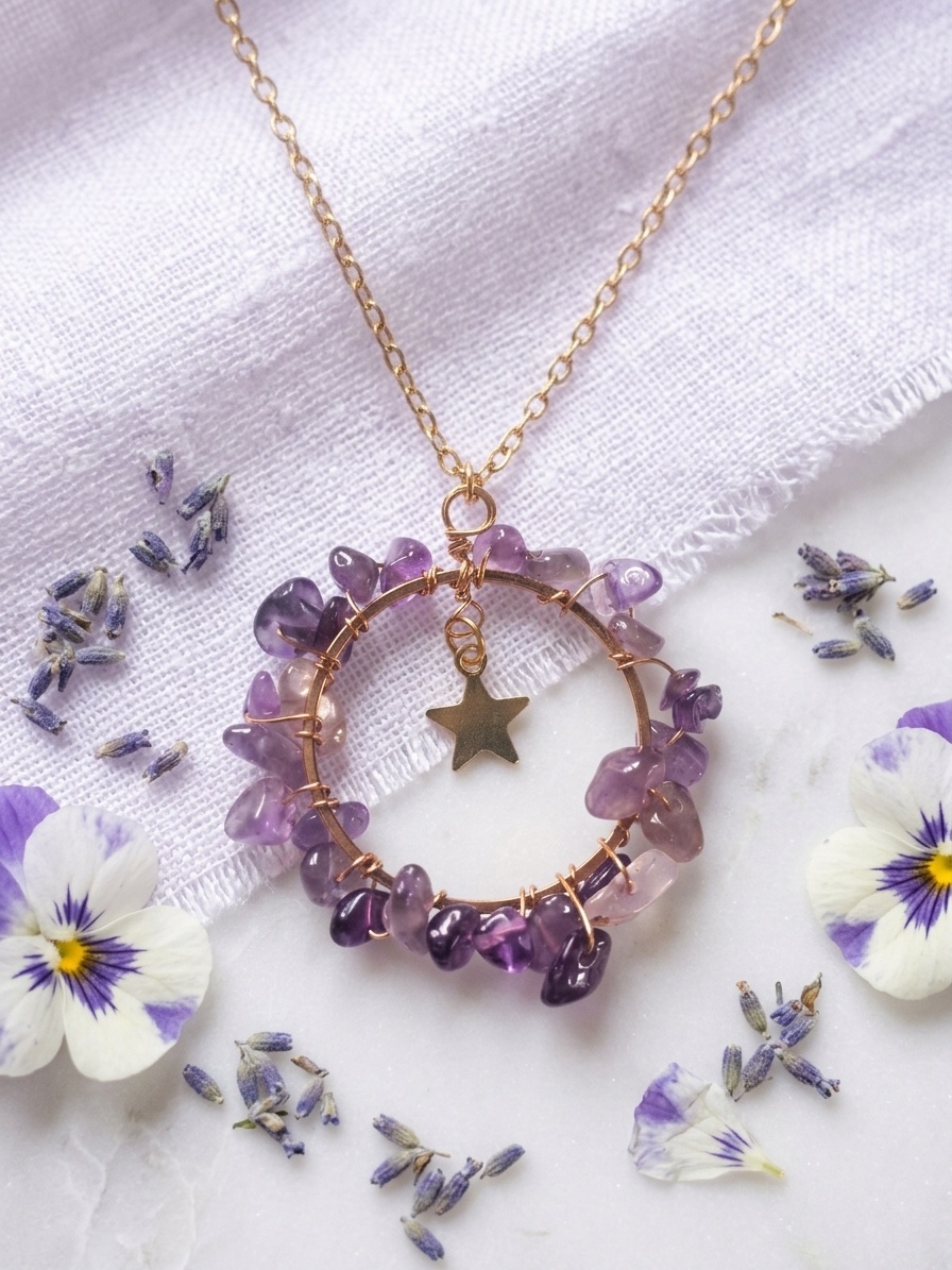 Pyöreä ametistiriipus kultaisella tähtisymbolilla ja teräsketjulla. Boho‑henkinen koru.