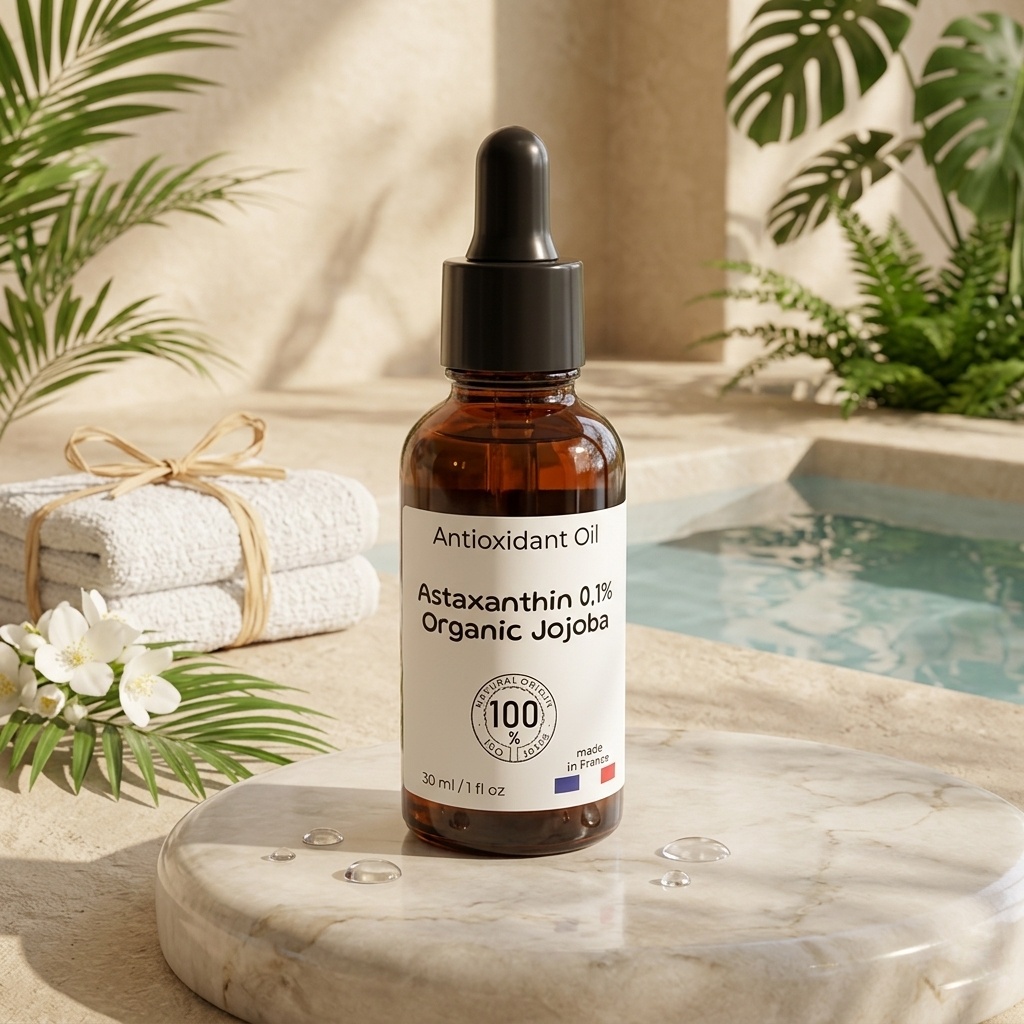 Ruskea lasipullo, jossa musta pumppu, etiketissä “Antioxidant Oil”, taustalla kylpylämaiset kasvit ja pyyhkeet.