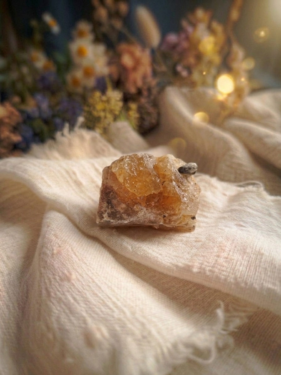 Kirkasruskea mineraalikivi makaa valkoisella kankaalla, taustalla pehmeästi sumea koristeellinen asetelma.